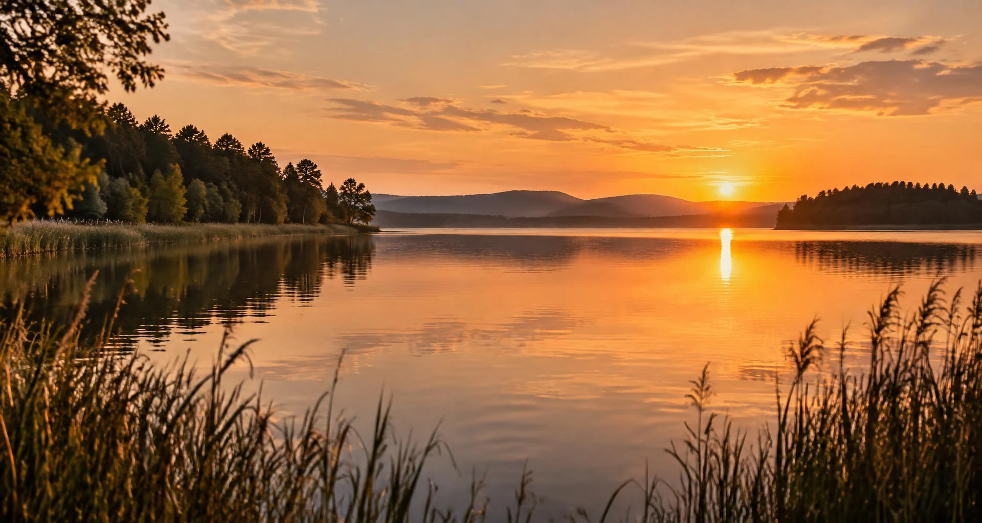 Ruhiger See im goldenen Abendlicht